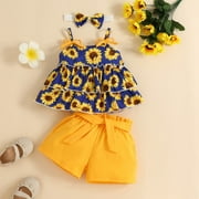 LMTODLFG Baby Girl Clothes Toddler Girls Sleeveless Ruffles Sunflower Prints T Shirt Tops Vest Shorts Headbands Outfit Y2K Clothes Blue 9-12 Months